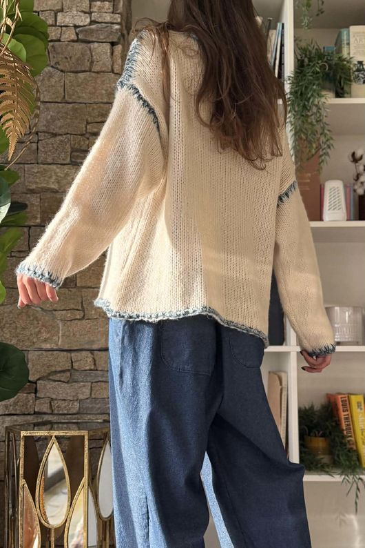  Big Softie Whipstitch Knit Jumper Ecru and Denim